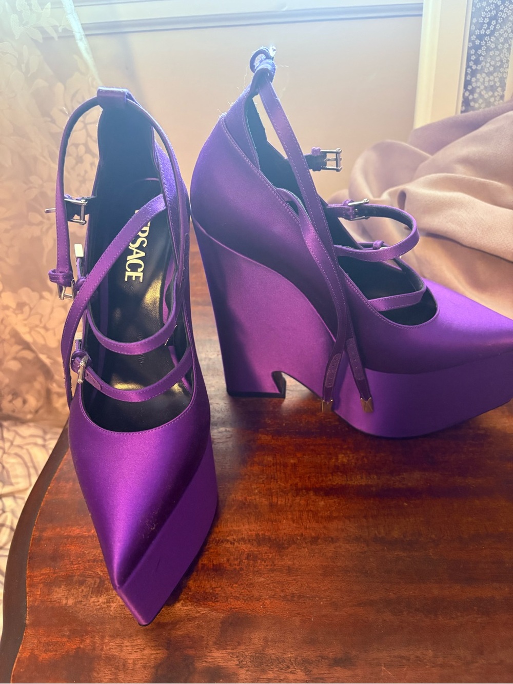 Versace Vibrant Purple Satin Triple-Strap Platform Pumps